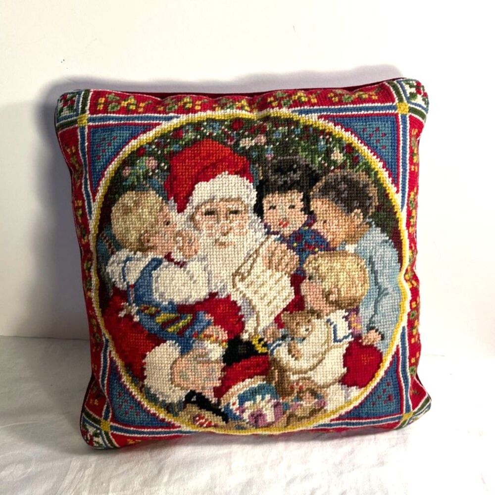 Sferra Handmade Wool Needlepoint Pillow Santa with Children 12x12"